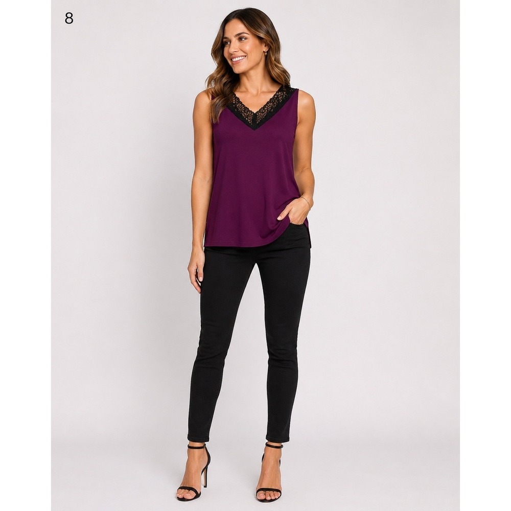 Vintage Y2K Jones New York Career Tank Shirt Women M Purple Polyester Black Lace
